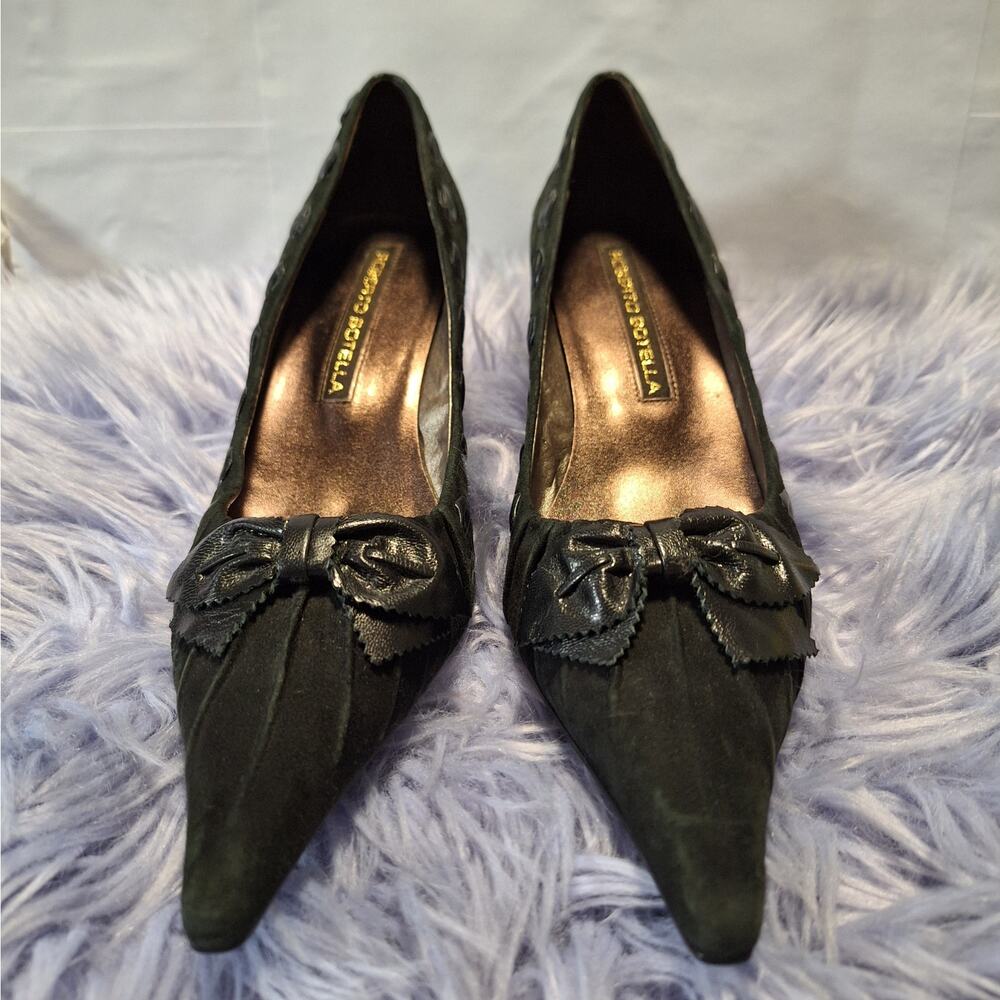 Roberto Botella Black Suede Bow Kitten Heels Womens Size 39/8.5
